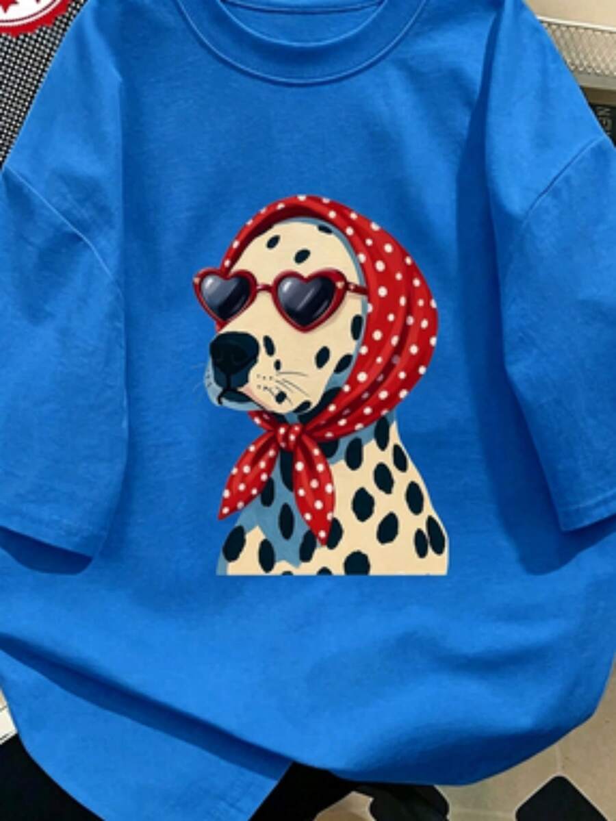 Women's 100% Cotton T-Shirt With Dalmatian Print, Dog Graphic With Red Polka Dot Bandana, Casual Loose Fit, Short Sleeve, Fun And Unique Gift For Dog Lovers - 藍色 - 查看 1
