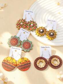 10 Pairs/Lot Exquisite Fashion Bohemian Style Colorful Wooden Earrings, Women's Geometric Print, Romantic Date Daily Wear, Gift Jewelry Accessories - 10 Pairs Of Mixed Colored Wooden Earrings - View 7