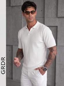 Men's Summer Knit Polo Shirt, Solid Color Short Sleeve Knitted Collar, Suitable For Summer Outings, Essential For Fashionable Outfit - White - View 2