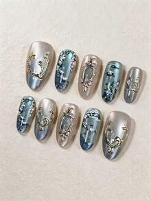 10pcs Medium-Long Almond-Shaped Summer Skin-Brightening Emerald Gemstone Wearable Nail Stickers, Jade Celadon Gradient French Style Fake Nail Tips, Instantly Enhance Your Appearance, Highlight Personal Simple Elegance, Elegant Minimalist, Y2K Princess Minimalist Sexy Style, Suitable For Women And Girls Daily Use, Also A Delicate Gift For Women And Girls, Press-On Nail Supplies - Multicolor - View 7