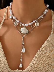 1 buah Kalung Berlapis Kerang & Mutiara Desain Bohemian Liburan Musim Panas untuk Wanita, Cocok untuk Pemakaian Sehari-hari & Pesta - MultiWarna - View 1