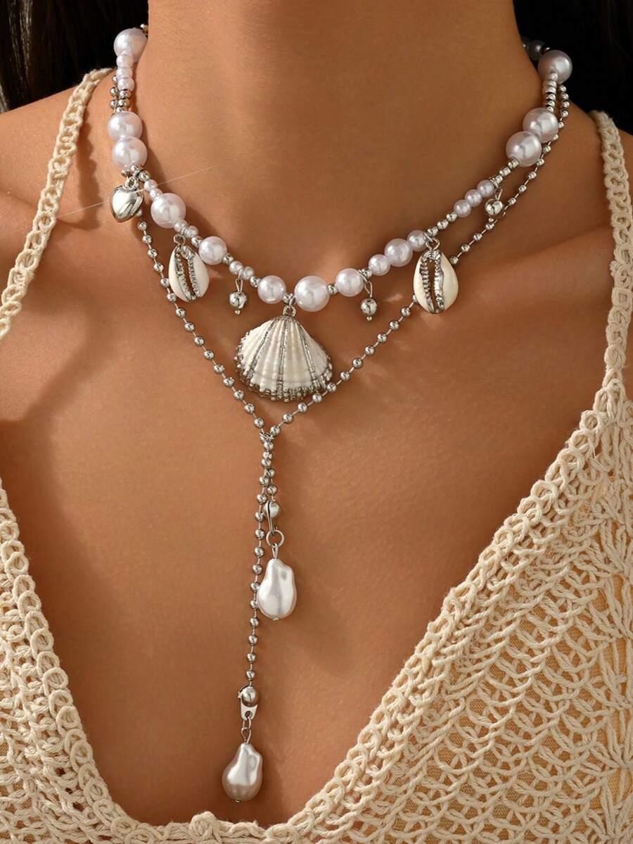 1 buah Kalung Berlapis Kerang & Mutiara Desain Bohemian Liburan Musim Panas untuk Wanita, Cocok untuk Pemakaian Sehari-hari & Pesta - MultiWarna - View 1