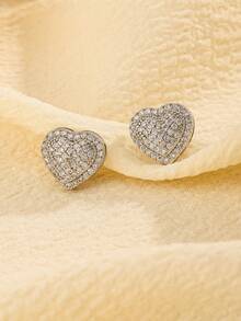 2pcs Luxury Fashion White Gold Plated Color-Preserving Round Cubic Zirconia Heart-Shaped Stud Earrings For Women Daily Wear/Holiday Gift - Silver - View 5