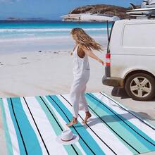 1pc Extra Large Striped Sand-Proof Quick-Dry Beach Towel Mat, Suitable For 1-3 Adults - Lightweight, Durable Polyester Fabric - Perfect For Travel, Camping, Hiking And Leisure Beach Time, Beach Mat, Picnic Mat, Camping Ground Cover - Mint Blue-green Vertical Stripes - View 8