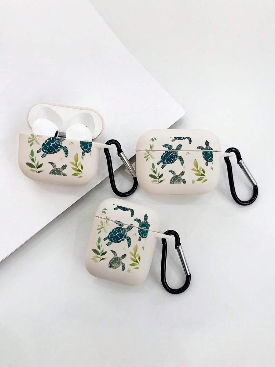 1pc Turtle Green Leaf Print Off-White Bluetooth Earphone Protective Case With Earphone Case Hook, Covers, Ocean Tropical Style Minimalist Earphone Accessory, Suitable For Daily Use And Gift-Giving In All Seasons, Birthday, Summer Holiday, Christmas Gift Choice, Compatible With Wireless Earbuds Case, Headphones, Compatible With Wireless Earbuds Pro (2nd Generation), Compatible With Wireless Earbuds 3, Compatible With Wireless Earbuds Pro, Compatible With Wireless Earbuds 1/2, Compatible With Wireless Earbuds 4