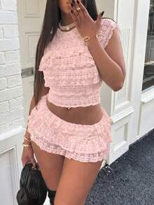 Conjunto elegante de top de cuello redondo con pliegues y falda mini de punto y encaje jacquard para primavera y verano - Rosa Pálido - Ver 2