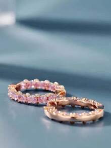 Light Luxury Design Pave Full Pink Zirconia Earrings, European And American High-End Fashion Ethereal Ear Jewelry, Suitable For Daily Wear, Festivals, Parties And Gifts - Earrings - View 4