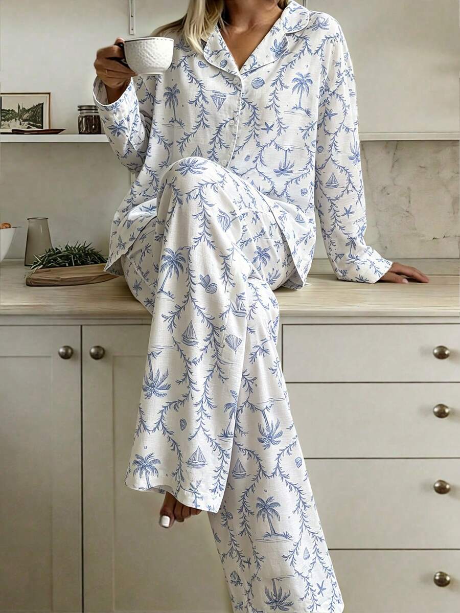 Nina Bonheur 2pcs Women Loose Comfortable Breathable Long Sleeve Top And Long Pants Pajama Set - Blue - View 1