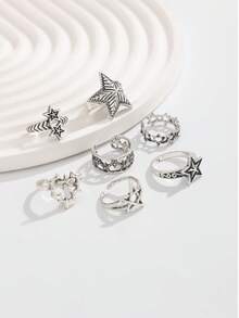 7件組復古哥德星形戒指套組，做舊開口可調節疊戴戒指，龐克嘻哈個性百搭手指飾品 - 古銀 - 查看 4