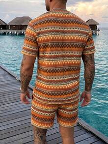 Men's Orange Vacation Style Half-Placket Short Sleeve Shirt And Shorts Set - Multicolor - View 3