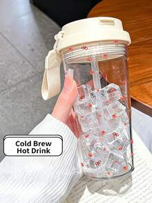 1pc/5pcs 500ml Soft Ribbon Bow Tiny Rose Themed Flip Lid Cup, Transparent Plastic Straw Bottle With Cream Webbing Lanyard, Scattered Mini Bloom Pattern For School Daily Use - Multicolor - View 6
