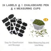 Set Of 4 Airtight Jars, Large Containers For Food Storage, Plastic Canisters Suitable For Flour, Sugar, Baking Ingredients, Pasta, And Rice, Complete With Lids, 4 Measuring Cups, And 24 Labels In Black - View 10