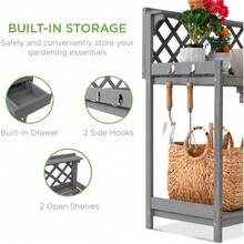 Outdoor Garden Potting Bench, Wooden Workstation Table W/Cabinet Drawer, Open Shelf, Lower Storage, Lattice Back - Gray - Gray - View 3
