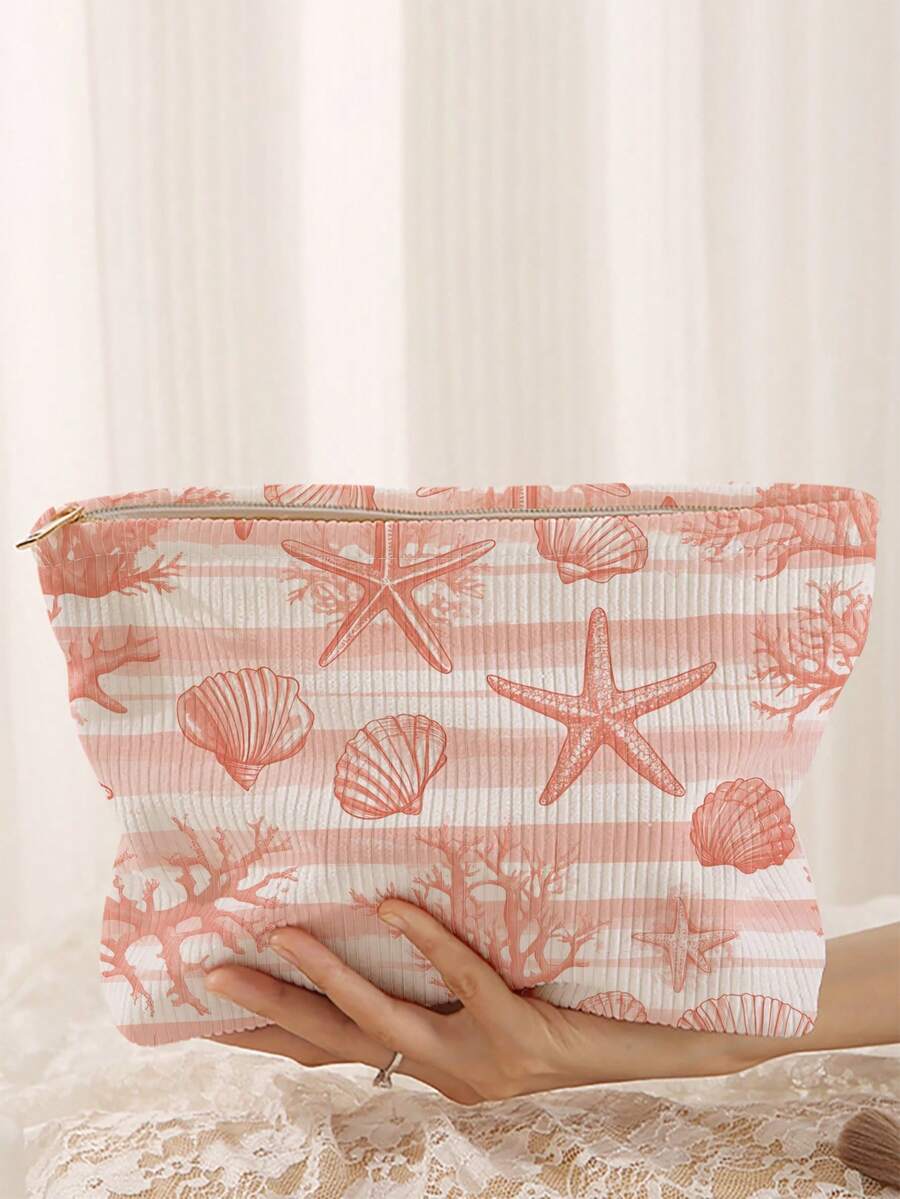 1pc Portable Cosmetic Storage Bag Ocean Series Shell & Starfish Pattern Double-Sided Print Travel Zipper Makeup Bag Multi-Function Toiletries Organizer - Multicolor - View 1