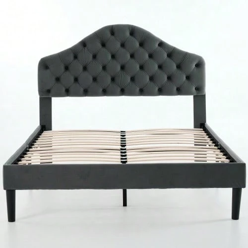 Full Size Upholstered Platform Bed Frame With Adjustable Headboard, Velvet Single Bed With Wood Slat Support - 灰色的 - 查看 1