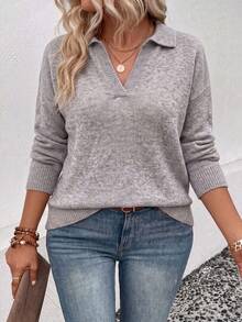 Plus Size Women's Solid Color Textured Ribbed Cuffed Long Sleeve POLO Collar V-Neck Loose Drop Shoulder Knit Sweater, Festival Outfits Women Fall - Grey - View 4