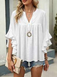 Plus Size Women's Solid Color Ruffle Sleeve V-Neck Blouse White - White - View 2
