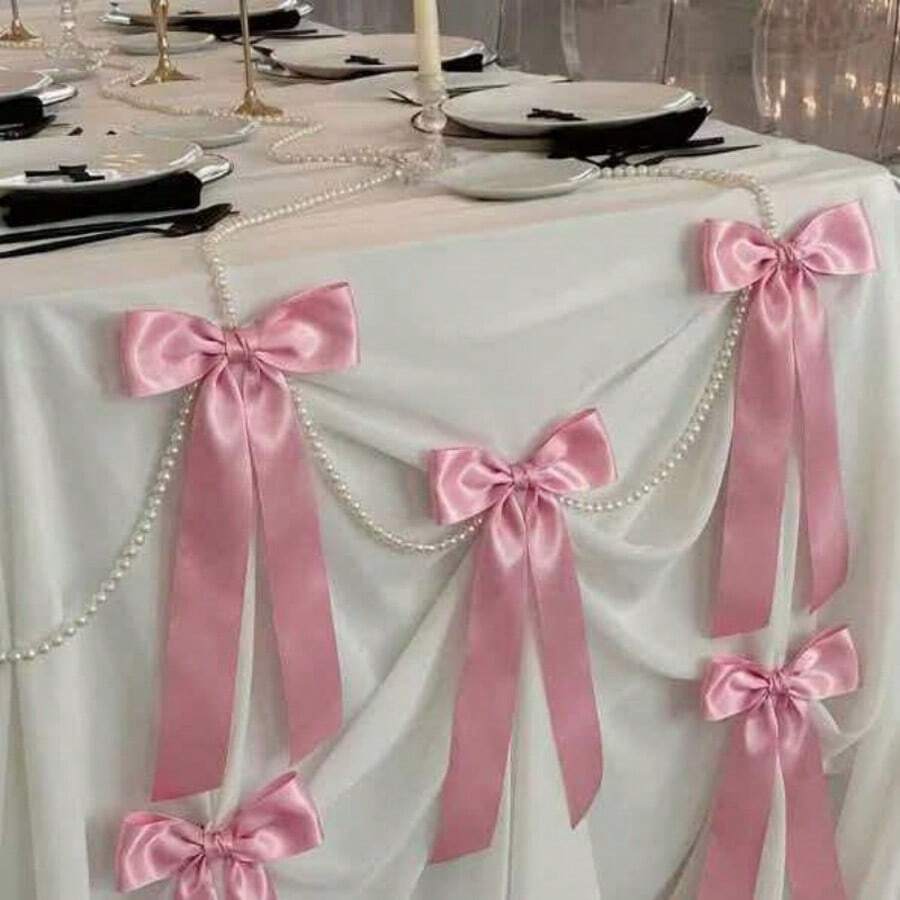 10 piezas/5 piezas/1 set de lazos de satén rosa con 3 metros de cuentas de perlas falsas, lazos prefabricados para árbol de Navidad, corona, puerta, chimenea, decoración interior DIY, lazos elegantes para boda, baby shower, revelación de género, cumpleaños y propuesta. Decoración de fondo de habitación, decoración de fiesta - rosa - Ver 1