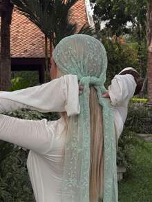 1pc Women's Solid Color Elegant Lace Floral Headscarf, Luxury Bohemian Style Hijab/Shawl, Suitable For Daily Wear, Wedding, Summer Beach Vacation - Mint Green Branches - View 3