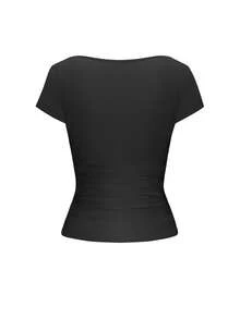 GLAMSKIN 女款夏秋基礎條紋方領短袖修身短版 T-shirt，休閒性感修身上衣，適合返校季、外出與海邊度假 - 黑色 - 查看 4