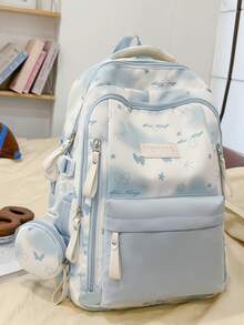 Designed Backpack Fresh Macaron Color Scheme School Bag For Female Students Korean Campus Style. Large Capacity Layered Design Can Easily Store Laptop, Textbooks And Daily Items, Front Pocket And Side Pocket Organized. Thoughtfully Includes Matching Printed Round Coin Purse, Perfect For School Commute, Weekend Outings Or Short Trips. No Pendant. - Multicolor - View 13