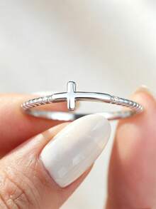1pc Minimalist Sophisticated Cross 925 Sterling Silver Unisex Ring, Suitable For Everyday Wear - Silver - View 2