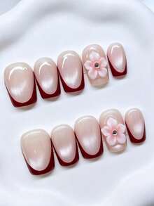 Zysa Medium Square Nude Red French Cat Eye Press On Nails, 3D Pink Flower Rhinestone Glossy False Nails, Elegant Romantic Reusable Nail Art For Wedding Date Party Daily Manicure Y2K Summer Nails Music Festivals Back To School Graduation Travel Gifts - Multicolor - View 3