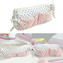 1 Cute Polka Dot Bow White Pink Large Capacity Zipper Pencil Case Student Stationery Storage Bag Multi-Functional Fabric Storage Bag - Perfect For Back To School Season - Polka Dot Bow Pencil Case - View 1