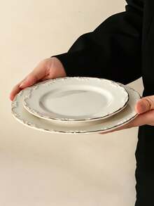White Embossed Gold Rim Ceramic Dinnerware Set, Vintage Wavy Edge Porcelain Dessert Salad Cheese Serving Plate, Elegant Tableware, Suitable For Wedding Party Brunch Cold Platter Appetizer - Multicolor - View 8
