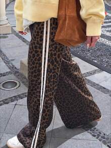 緞面漸層直筒褲，寬鬆豹紋嘻哈風女款長褲，春秋穿著，棕色 - 棕色 - 查看 2