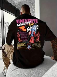 Men's Street Style Rocket Graffiti Print T Shirt - Casual Loose-Fit Round Neck,Breathable Polyester Fiber,Machine Washable - Perfect Choice For Summer - 黑色 - 查看 1