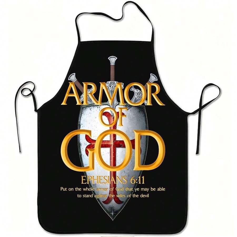 1pc God's Armor Shield & Cross Print Apron, Back With Shield & Cross Pattern - Adjustable Waistband, Durable & Easy To Clean Polyester Material, Suitable For Kitchen Cooking, Gardening, Orchard, Christmas, Halloween Apron