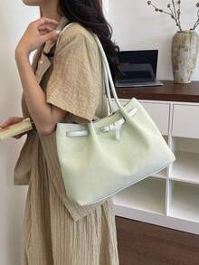 女款時尚百搭通勤單肩包，春夏新款大容量托特包，適合學生，編織購物包 - 綠色 - 查看 8
