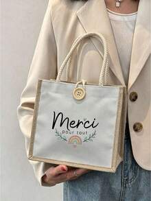 Teacher Print Linen Tote Bag, Teacher Appreciation Handbag, Teacher's Day Gift, Reusable Printed Tote Bag, Suitable For Commuting And School, Back To School - Multicolor - View 19