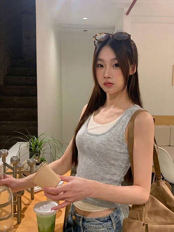 Women's Patchwork Contrast Color 2 In 1/Deconstructed Street Style Sleeveless Top Casual Summer