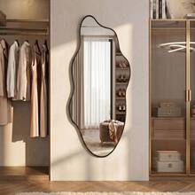 Modern Asymmetrical Wall-Mounted Makeup Mirror, Black Wooden Frame, Suitable For Bedroom, Living Room Or Entryway - Black 1pc - View 3