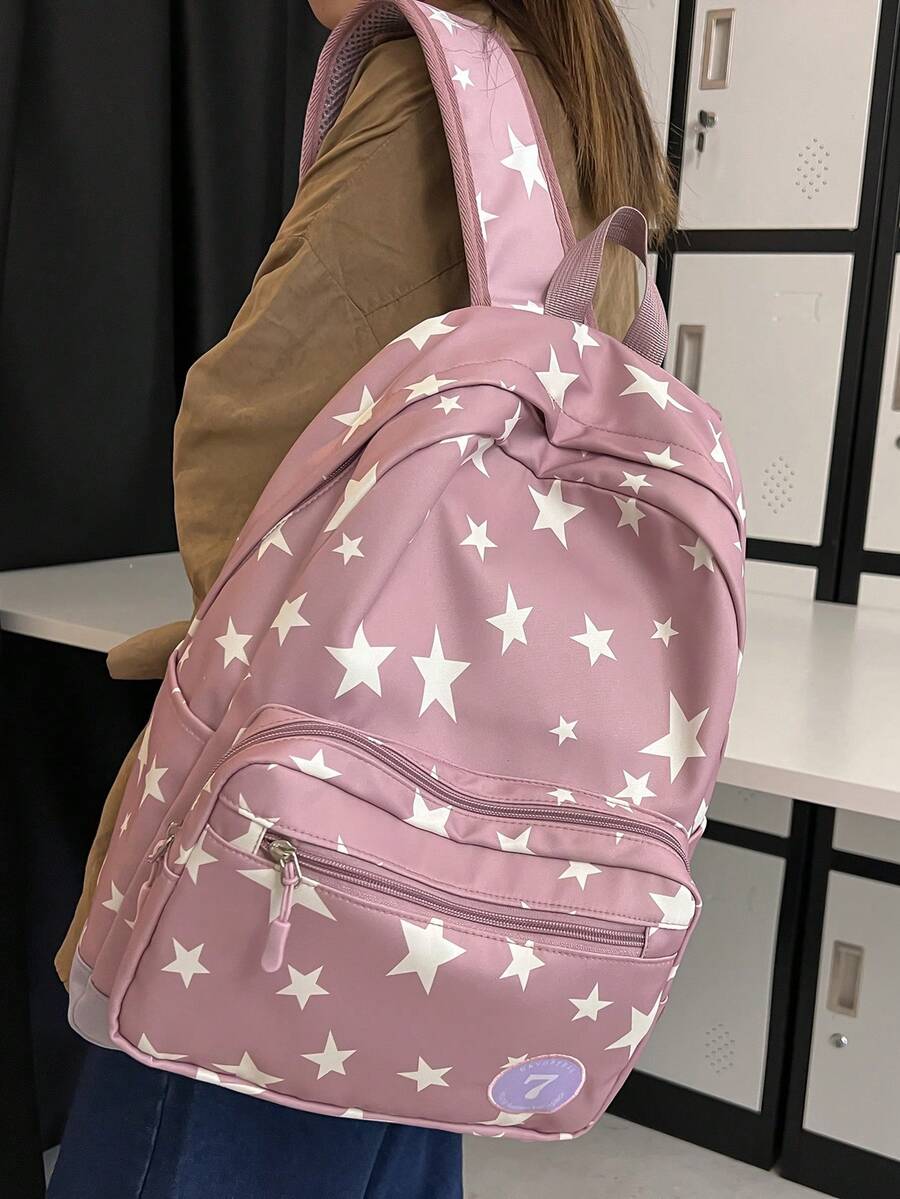 彩色星星印花背包,適用於國中生、高中生、大學生,休閒背包,旅行背包 - 紫色 - 查看 1