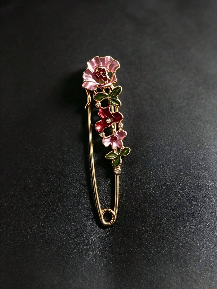 1pc Rhinestone Flower Brooch, Fashion Jacket Decoration Brooch, Versatile Lapel Pin - Red - View 1