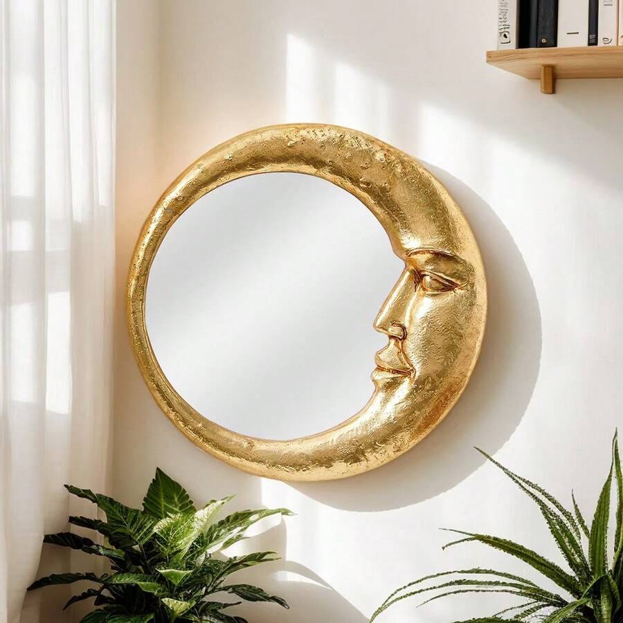 Face Crescent Moon Round Decorative Wall Mirror, Creative Background Wall Decor Home Art Hanging Ornament, Creative Makeup Mirror - Multicolor - View 1