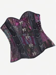 Gothic Patchwork Floral Jacquard Strapless Corset Black Faux Leather Panel Multi D Ring Decor Front Hook Waist Trainer Halloween Cosplay Party Shaper - Purple - View 4