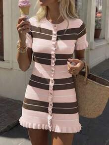 Gaun Rajut Tank Top Wanita Kasual Musim Panas Elegan Leher Bulat Lengan Pendek dengan Hiasan Ruffle dan Motif Garis-garis Patchwork Warna Pink - Berwarna merah muda - View 5