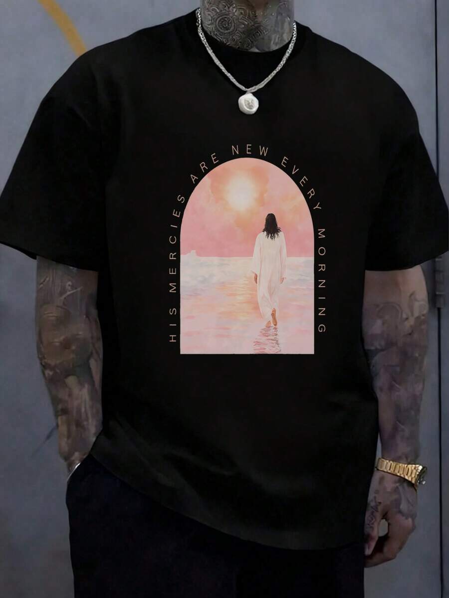 Casual Streetwear, Men's T-Shirt, His Mercies Are New Every Morning Print, Summer Beach Vacation, % Cotton, Faith-Inspired T-Shirt.