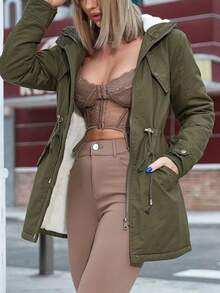 Hooded Parka Coat With Drawstring Waist, Warm Lining, Suitable For Music Festivals Winter - Army Green - View 1