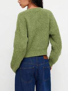 Vuslat Women's Autumn/Winter Green Minimalist Round Neck Button Long Sleeve Sweater Basic Solid Color Cardigan, Shopping Outing Commuting Afternoon Tea Christmas Party - Green - View 8