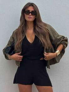 Women's Vintage Casual Streetwear Daily Solid Color Loose Open Front Zipper Jacket, Women's Jacket, Autumn/Winter Jacket - Army Green - View 5