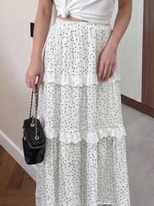 Women's Spring/Summer White Small Polka Dot Lace Trim Layered Cake Skirt, Gentle Style Commute & Travel Skirt - White - View 5