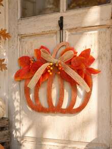 1PC Autumn Pumpkin Door Hanging Decor, Thanksgiving Front Door Wreath, Pumpkin Door Sign, Paired With Artificial Maple Leaves, Berries And Burlap Bow, American Farmhouse Style Porch, Wall, Window, Entryway Hanging Decoration, Suitable For Harvest Festival, Seasonal Home Party Decor - Style 1 - View 4