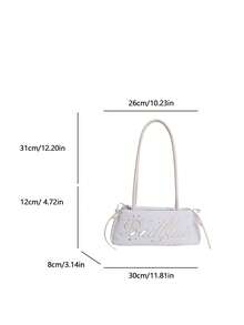 1pc Large Capacity Women's Shoulder Bag, Solid Color Fashion Bowling Bag, Zipper Closure, Letter Embroidery Decoration (Star Charm Not Included), Daily Use Bag, Suitable For Young Women - Travel, Shopping, Classroom, Date, Women's Gift, Office, Work, Travel - White - View 3