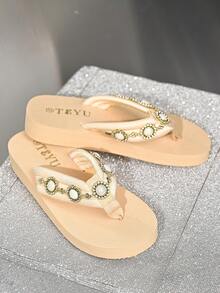 Women's Everyday Versatile Anti-Slip Textured Flat Gem Decor Thong Flip Flops Soft Upper Skin-Friendly Breathable Comfortable Casual Slippers - Beige - View 7
