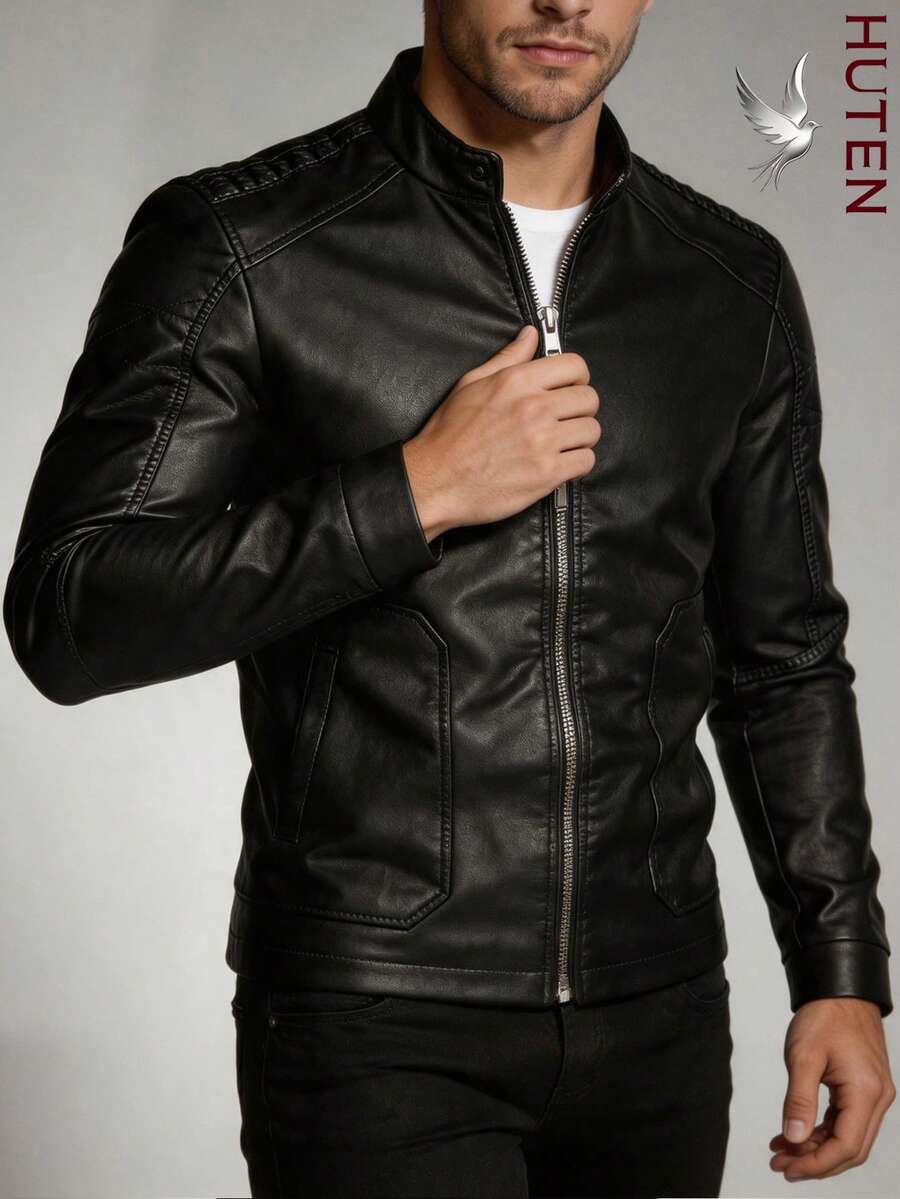 Men's PU Leather Slim Fit Zipper Casual Motorcycle Jacket - Black - View 1